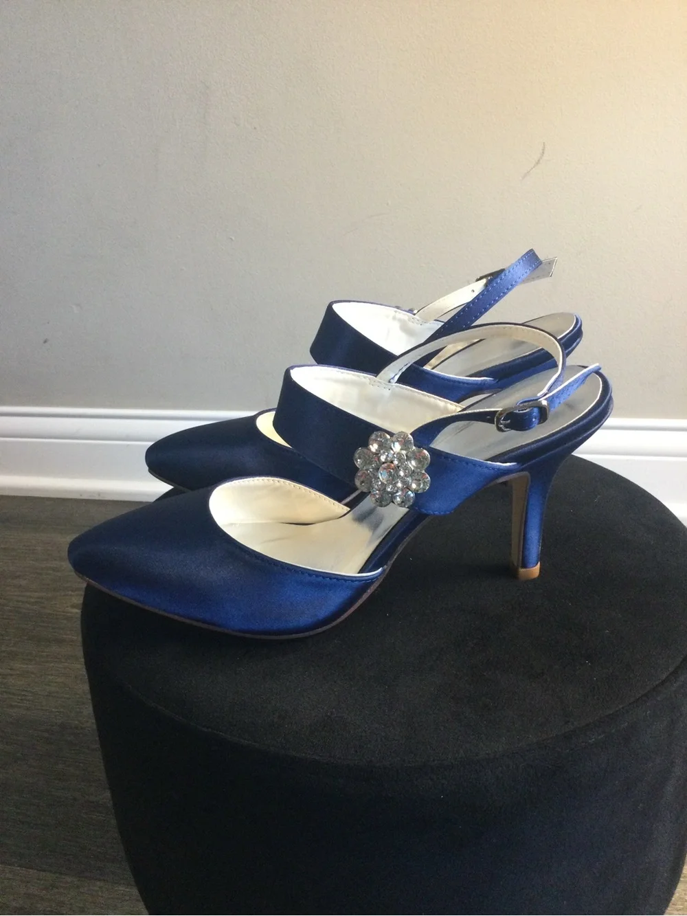 Navy Satin Slingback Heels with Crystal Brooch